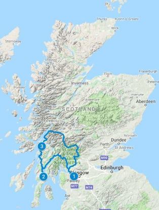 Map for 4 days in Scotland using the Argyll Coastal Trail itinerary