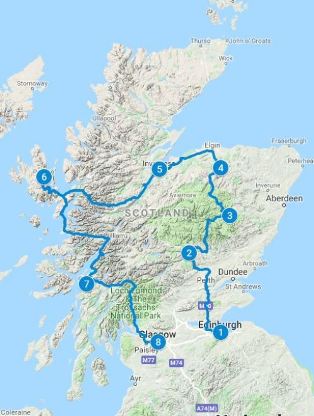 Map for 10 days in Scotland using Classic Whisky itinerary