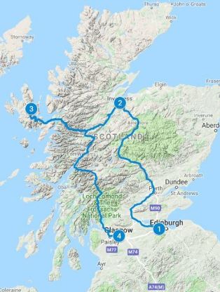 Route Map for 4 days in Scotland