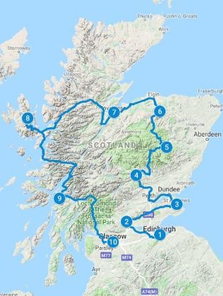 Map for 12 days in Scotland using Scottish Treasures Itinerary