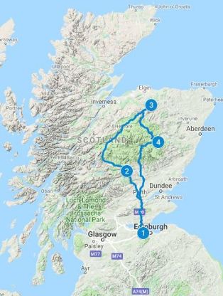 Map for 5 days in Scotland using the Whisky Taster itinerary