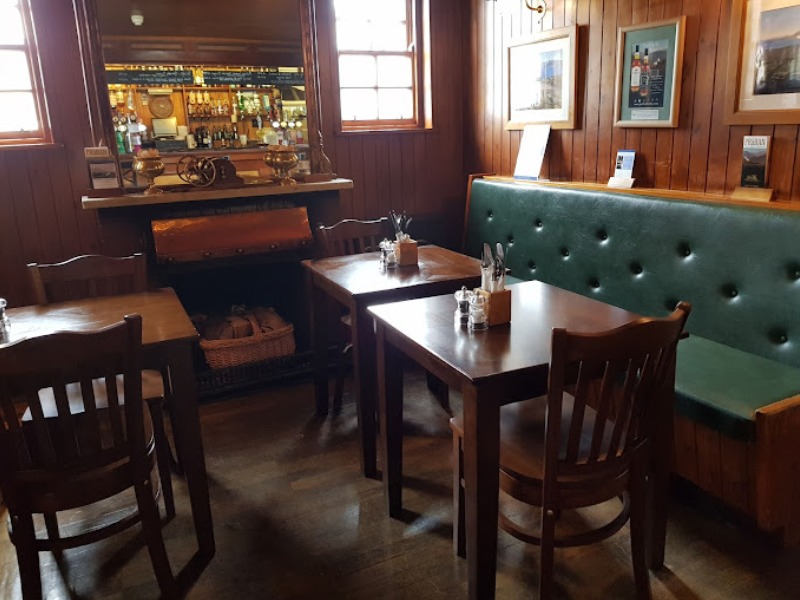 Wood paneled walls of the Am Praban bar