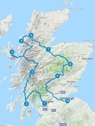 Map for 12 days using Authentic Scotland Itinerary