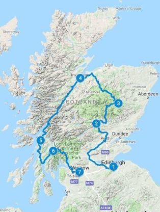 Map for 10 days in Scotland using Classic Castles itinerary
