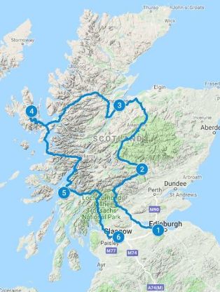 Map for one week in Scotland using the Classic Scotland itinerary