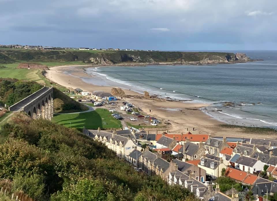 Cullen Beach and Seatown viewed from footpath on the old railway viaduct