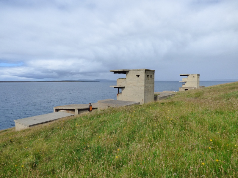 Hoxa Head look out towers guarding entrance to Scapa Flow