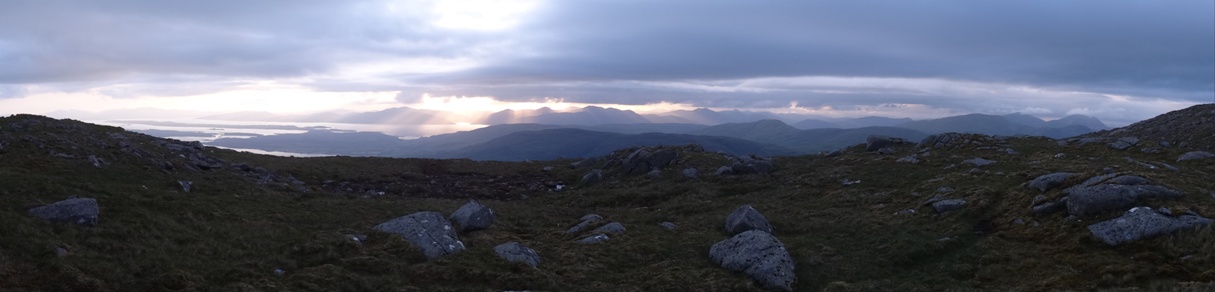 Panoramic picture from Scottish mountain during dusk on Summer Solstice 