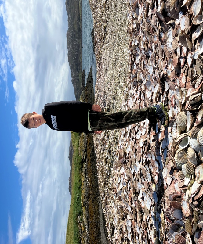 Massive pile of empty scallop shells at Na Mara Seafood factory on the island of Grimsay