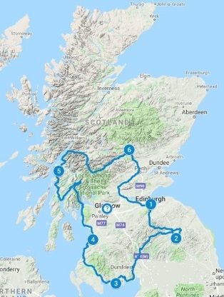 Map for 9 days in Scotland using Scottish Inspirations itinerary