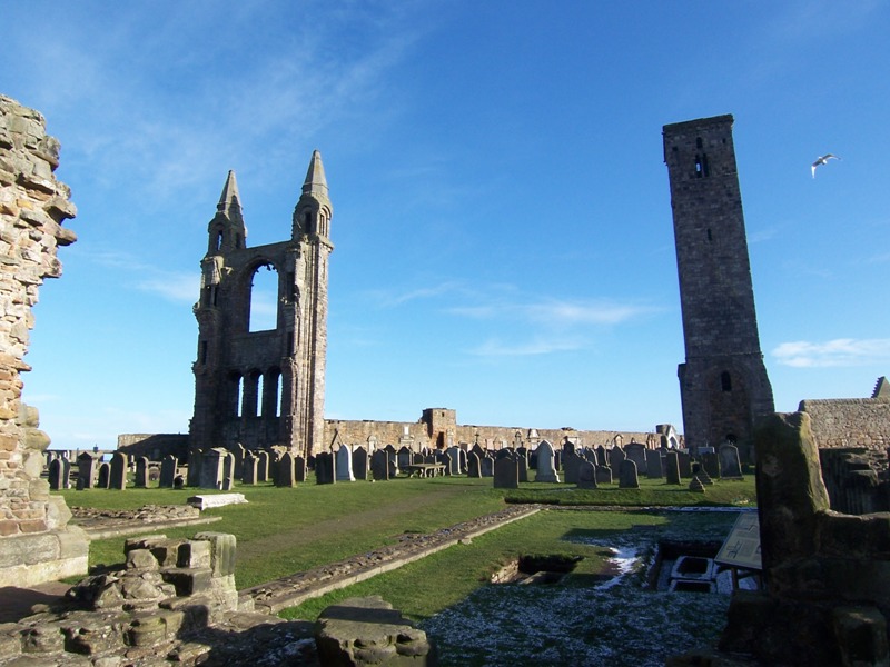 Ruins of St Andrews Cathedral on a bright winter day