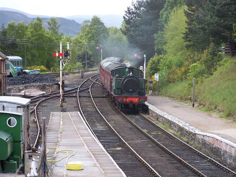 Strathspey steam train arriving at Boat of Garten