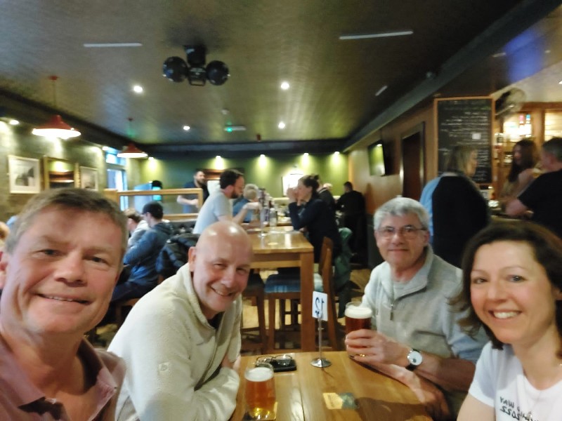 Having a beer with my new WHW hiking buddies at teh Tailrace Inn at Kinlochleven