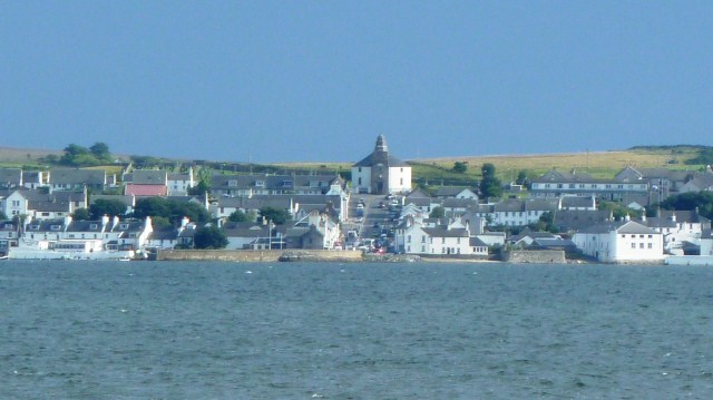 Looking across Loch Indaal to the round church of Bowmore