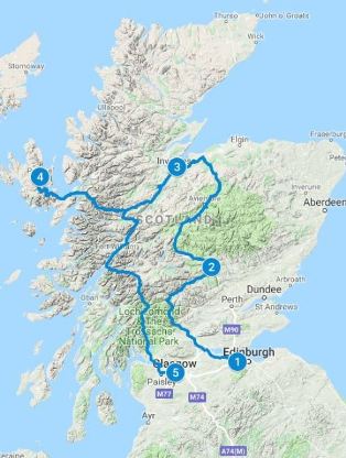 Route Map for 5 days in Scotland starting from Edinburgh Road Map for 5 days in Scotland using Highland Explorer Itinerary